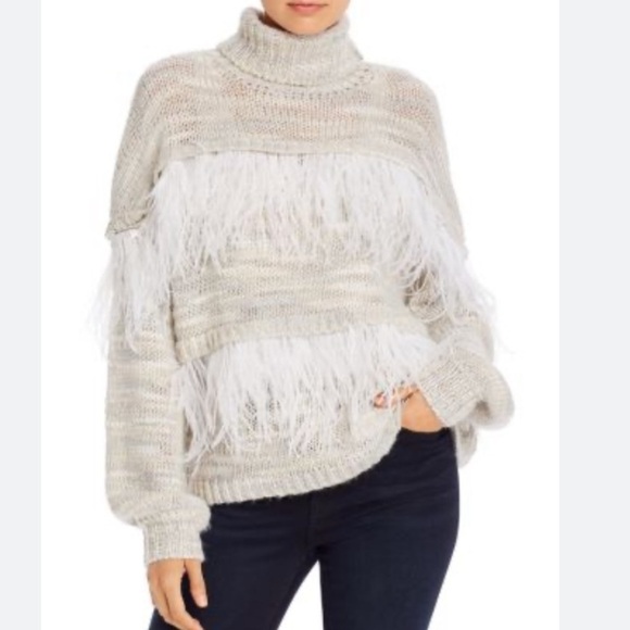 Cinq à Sept Valentina Ostrich Feather Trimmed Turtleneck Wool Blend - Picture 1 of 13